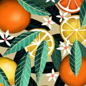 Lemons and oranges with Green leaves