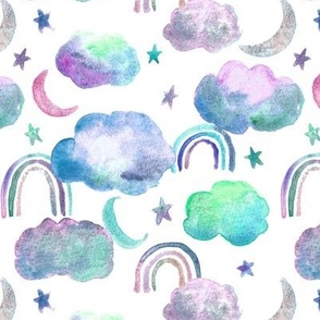 watercolor blues purples clouds moon stars rainbows