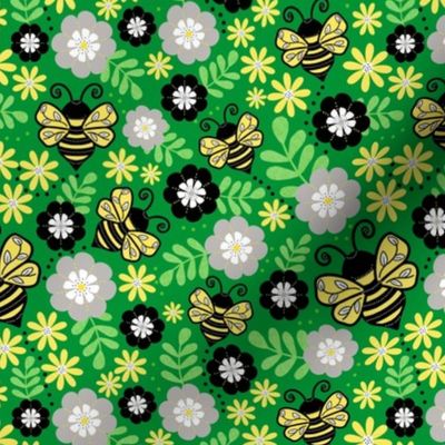 Medium Scale - Buzzing Bees and Flowers - Green Background
