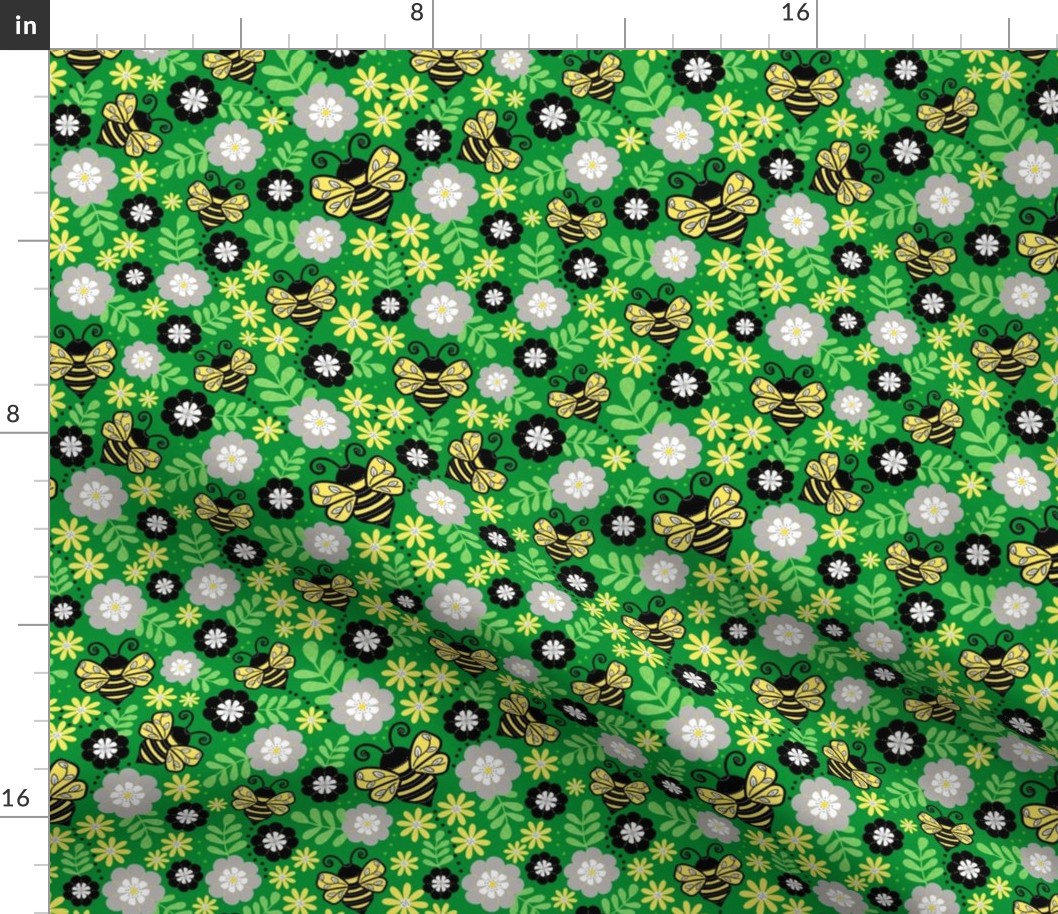 Medium Scale - Buzzing Bees and Flowers - Green Background