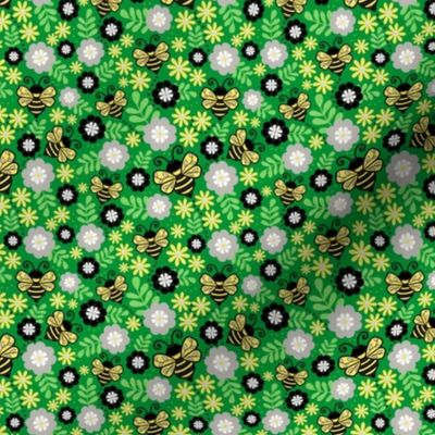Small Scale - Buzzing Bees and Flowers - Green Background