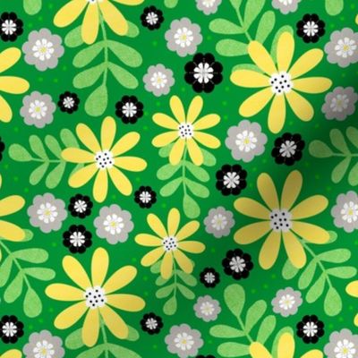 Medium Scale - Buzzing Bees Floral Coordinate - Green Background