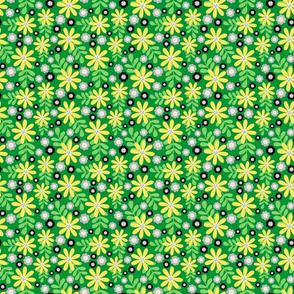 Small Scale - Buzzing Bees Floral Coordinate - Green Background