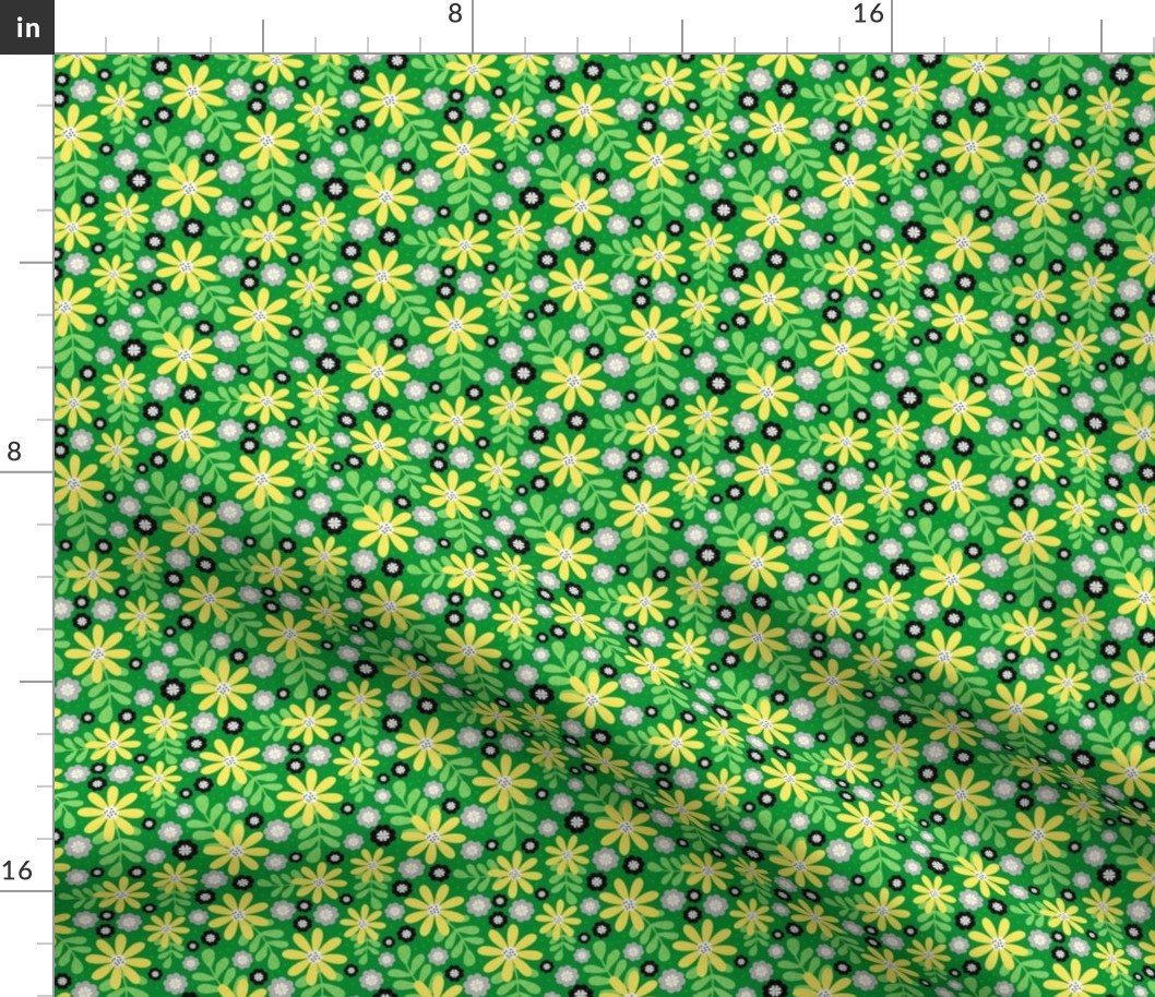 Small Scale - Buzzing Bees Floral Coordinate - Green Background