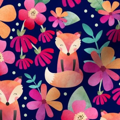 Large Scale - Autumn Watercolor Fox Floral - Navy Background