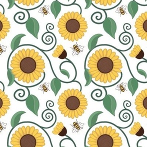 Art nouveau fluffy sunflowers on white