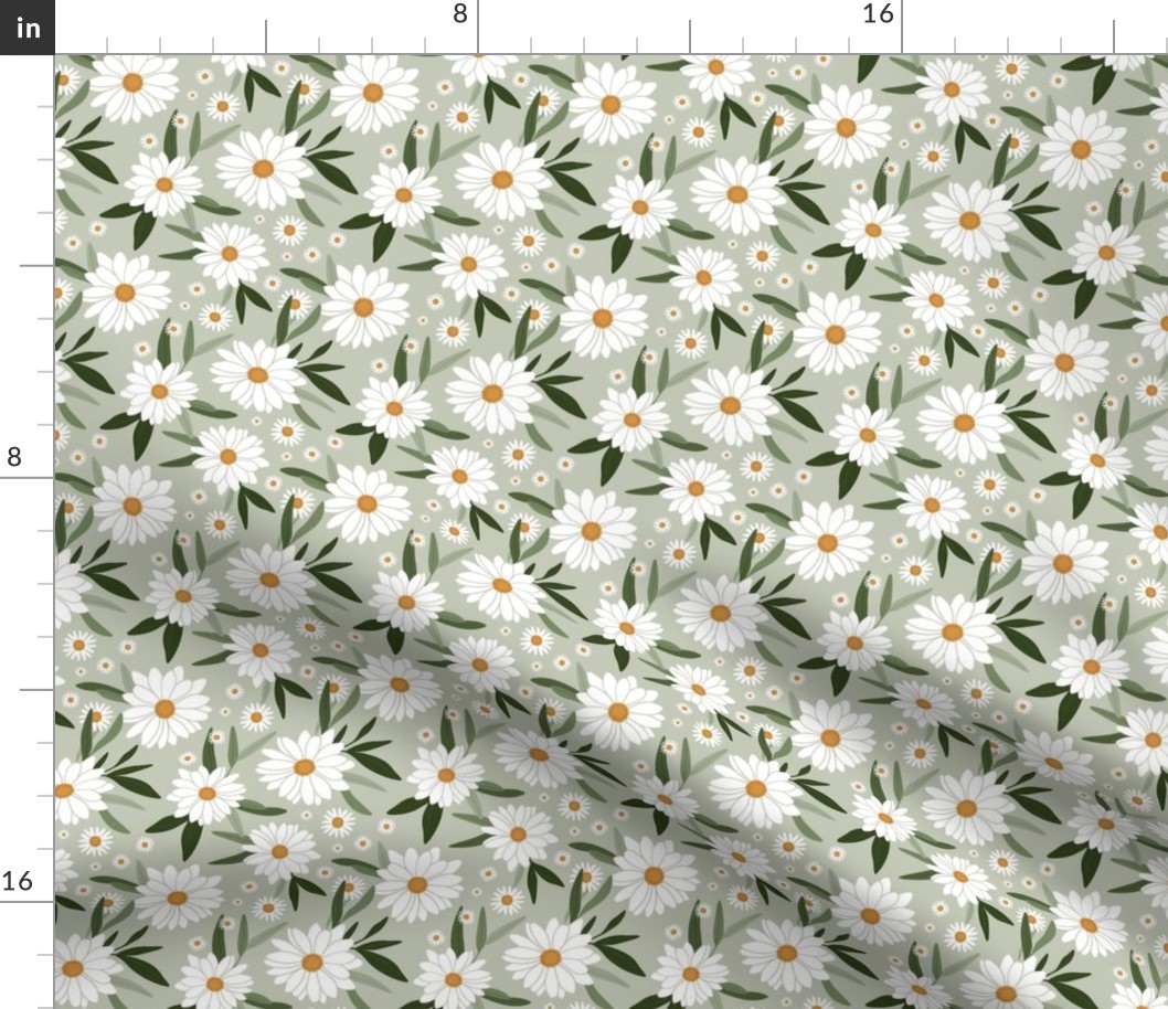 Daisies on Sage Green - Medium Scale