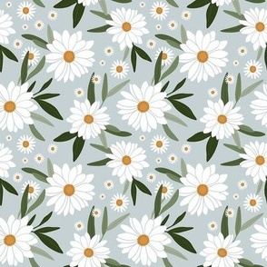 Daisies on Dusty Blue - Medium Scale