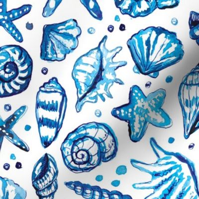 blue watercolor seashells coastal fabric