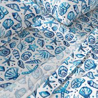 blue watercolor seashells coastal fabric