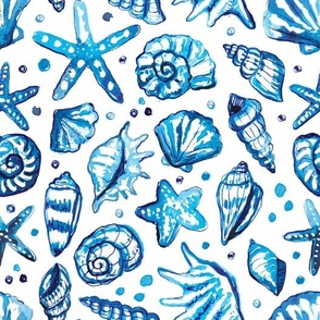 blue watercolor seashells coastal fabric