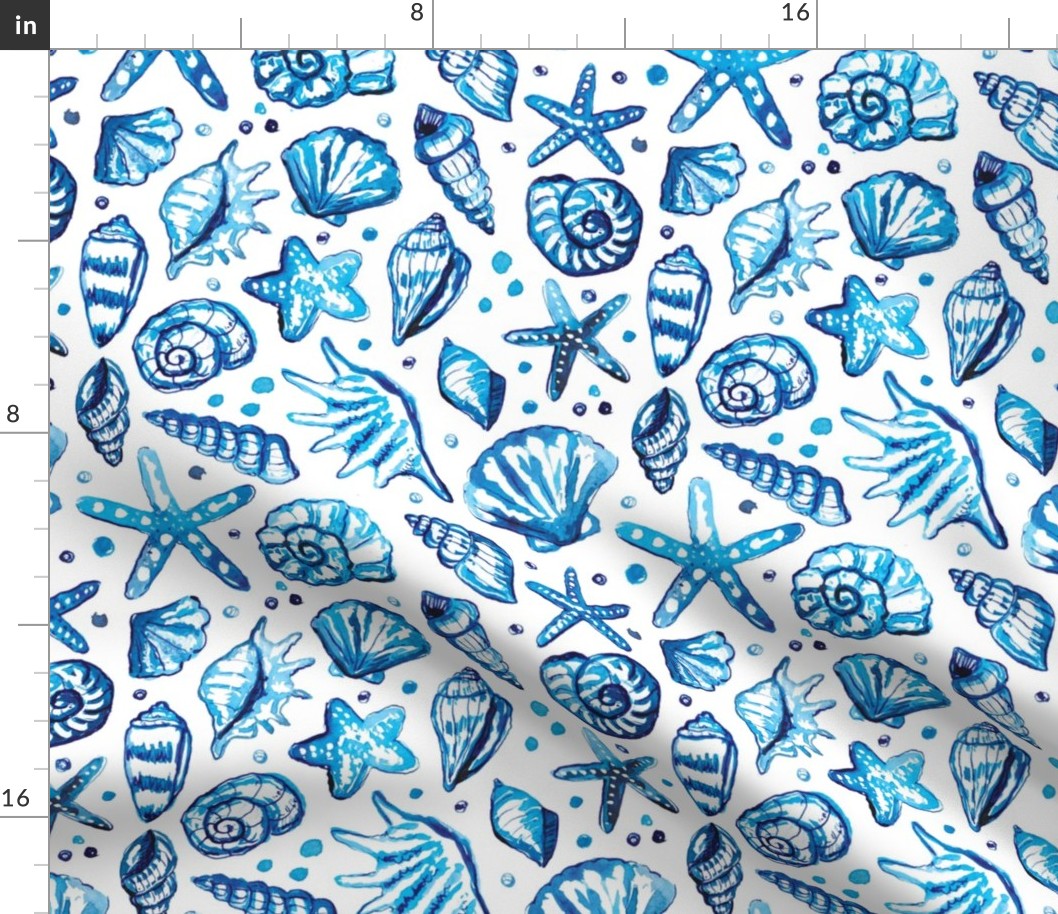 blue watercolor seashells coastal fabric