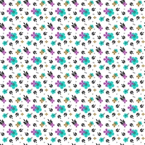 Turquoise Blue-Magenta-Gold Flowers with Black leaves and Dots on a white background