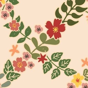 $ Cottage garden Floral Trellis - Cream, Coral and Green large scale Wallpaper Jumbo scale 