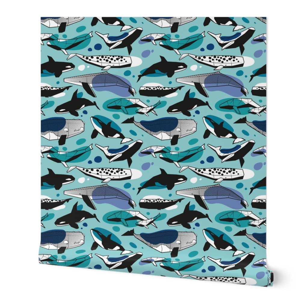 Tiny scale // Whales joyful song // mint background teal peacock denim and classic blue black and white geometric sea animals