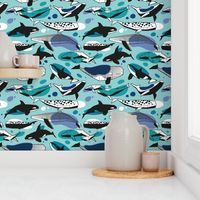 Tiny scale // Whales joyful song // mint background teal peacock denim and classic blue black and white geometric sea animals