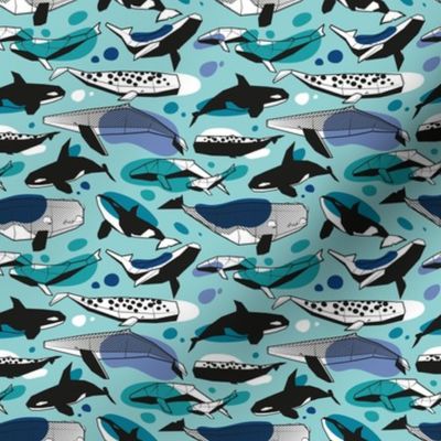 Tiny scale // Whales joyful song // mint background teal peacock denim and classic blue black and white geometric sea animals