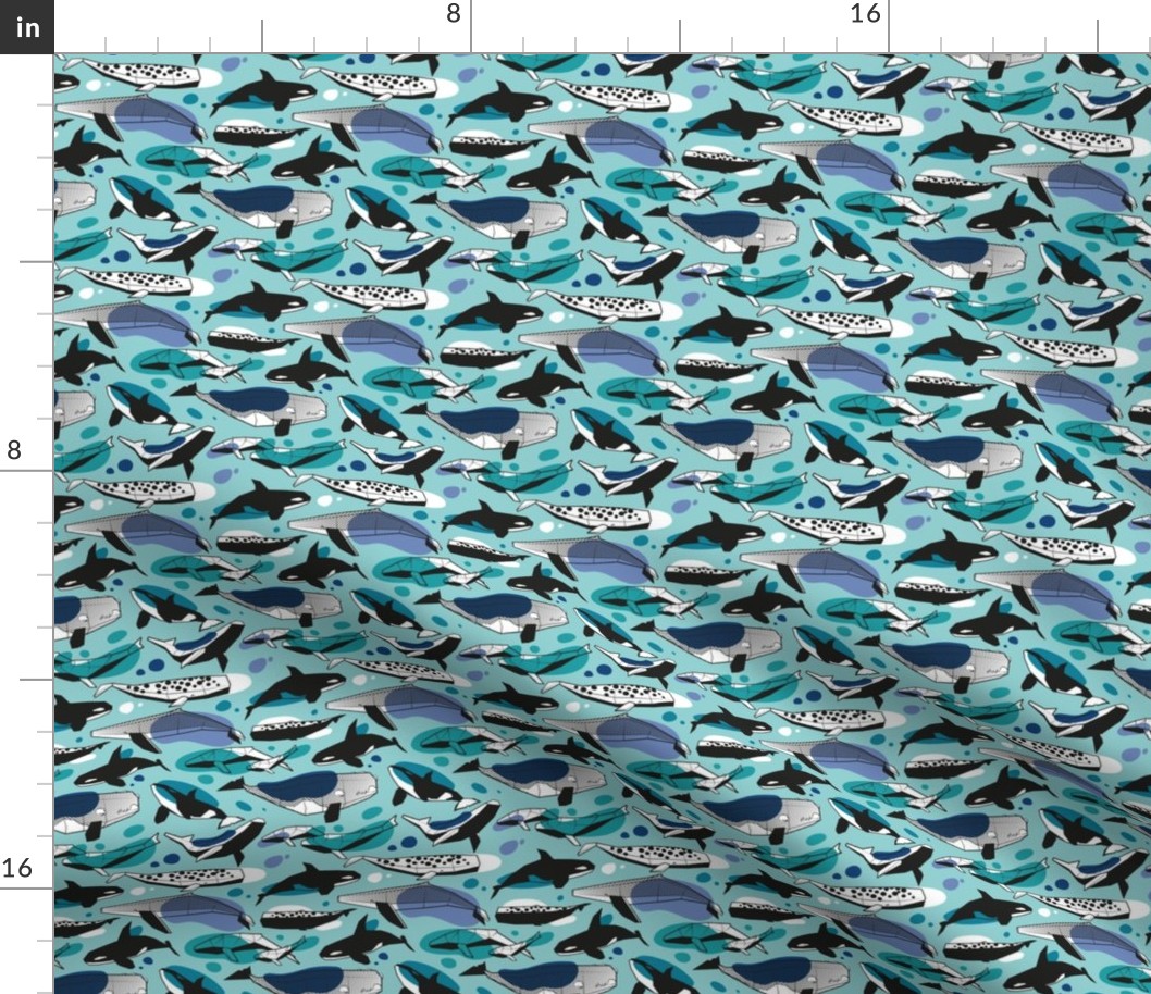 Tiny scale // Whales joyful song // mint background teal peacock denim and classic blue black and white geometric sea animals