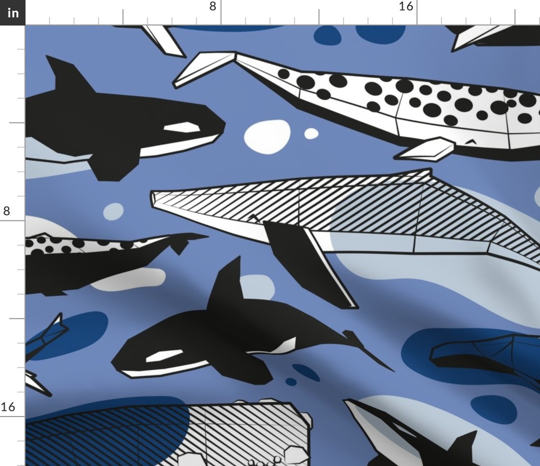 Large jumbo scale // Whales joyful song // denim blue background pastel and classic blue and black and white geometric sea animals