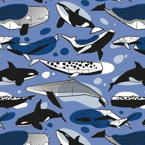 Small scale // Whales joyful song // denim blue background pastel and classic blue and black and white geometric sea animals
