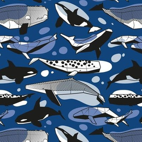 Small scale // Whales joyful song // classic blue background pastel and denim blue and black and white geometric sea animals