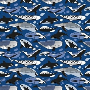 Tiny scale // Whales joyful song // classic blue background pastel and denim blue and black and white geometric sea animals