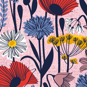 Large jumbo scale // Wild field // pastel pink background neon red orange shade poppies white daisies denim blue cornflower pink bluebells yellow fennel flowers and other wild flowers meadow plants oxford navy blue line contour