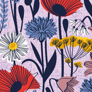 Large jumbo scale // Wild field // lavender background neon red orange shade poppies white daisies denim blue cornflower pink bluebells yellow fennel flowers and other wild flowers meadow plants oxford navy blue line contour