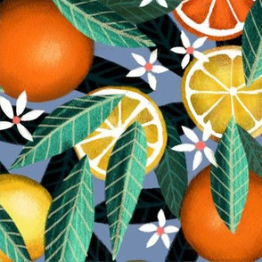 Lemons and oranges with Green leaves on blue