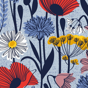 Large jumbo scale // Wild field // pastel blue background neon red orange shade poppies white daisies denim blue cornflower pink bluebells yellow fennel flowers and other wild flowers meadow plants oxford navy blue line contour