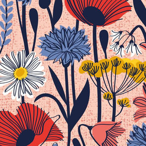 Large jumbo scale // Wild field // rose background neon red orange shade poppies white daisies denim blue cornflower coral bluebells yellow fennel flowers and other wild flowers meadow plants oxford navy blue line contour