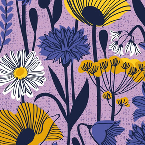 Large jumbo scale // Wild field // lilac background yellow poppies and fennel flowers white daisies blue cornflower bluebells and other wild flowers meadow plants oxford navy blue line contour