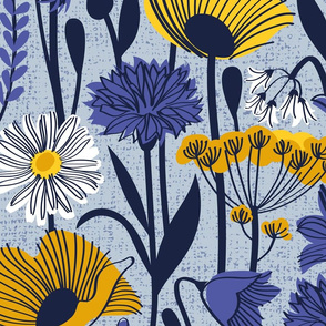 Large jumbo scale // Wild field // pastel blue background yellow poppies and fennel flowers white daisies blue cornflower bluebells and other wild flowers meadow plants oxford navy blue line contour