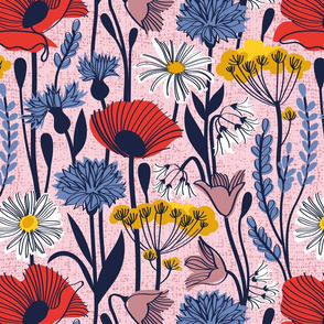 Normal scale // Wild field // pastel pink background neon red orange shade poppies white daisies denim blue cornflower pink bluebells yellow fennel flowers and other wild flowers meadow plants oxford navy blue line contour