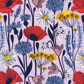 Normal scale // Wild field // lavender background neon red orange shade poppies white daisies denim blue cornflower pink bluebells yellow fennel flowers and other wild flowers meadow plants oxford navy blue line contour