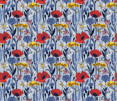 Small scale // Wild field // pastel blue background neon red orange shade poppies white daisies denim blue cornflower pink bluebells yellow fennel flowers and other wild flowers meadow plants oxford navy blue line contour