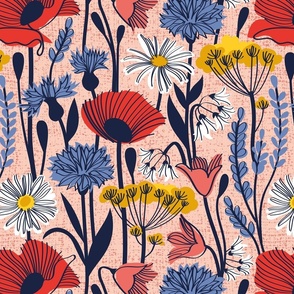 Normal scale // Wild field // rose background neon red orange shade poppies white daisies denim blue cornflower coral bluebells yellow fennel flowers and other wild flowers meadow plants oxford navy blue line contour