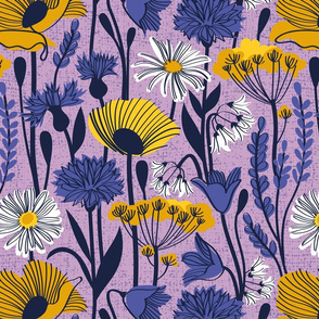 Normal scale // Wild field // lilac background yellow poppies and fennel flowers white daisies blue cornflower bluebells and other wild flowers meadow plants oxford navy blue line contour