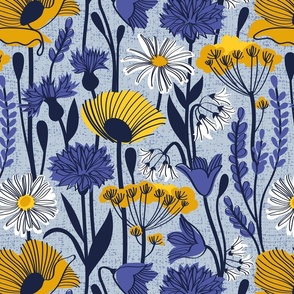 Normal scale // Wild field // pastel blue background yellow poppies and fennel flowers white daisies blue cornflower bluebells and other wild flowers meadow plants oxford navy blue line contour