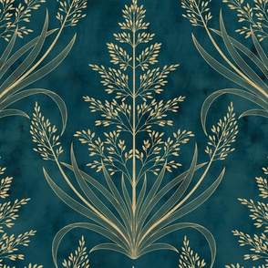 L // Golden grass - Contemporary Metallic Gold Wild Grass on teal base