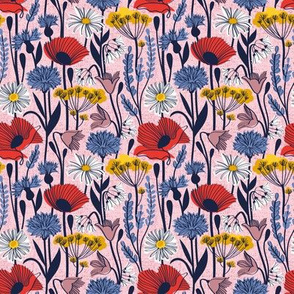 Tiny scale // Wild field // pastel pink background neon red orange shade poppies white daisies denim blue cornflower pink bluebells yellow fennel flowers and other wild flowers meadow plants oxford navy blue line contour