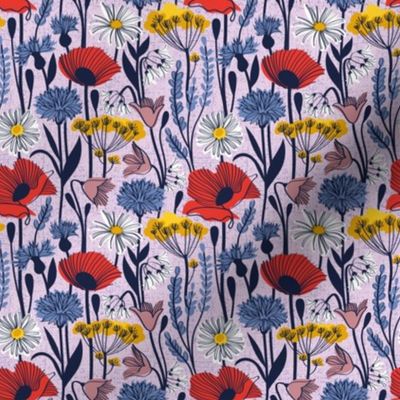 Tiny scale // Wild field // lavender background neon red orange shade poppies white daisies denim blue cornflower pink bluebells yellow fennel flowers and other wild flowers meadow plants oxford navy blue line contour