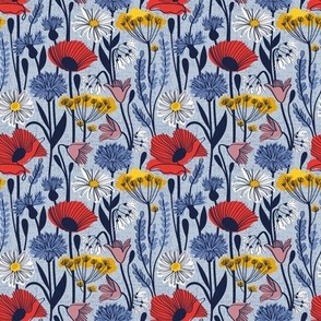 Tiny scale // Wild field // pastel blue background neon red orange shade poppies white daisies denim blue cornflower pink bluebells yellow fennel flowers and other wild flowers meadow plants oxford navy blue line contour