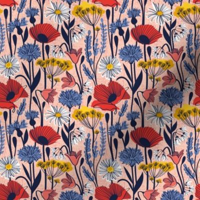 Tiny scale // Wild field // rose background neon red orange shade poppies white daisies denim blue cornflower coral bluebells yellow fennel flowers and other wild flowers meadow plants oxford navy blue line contour