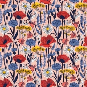 Tiny scale // Wild field // rose background neon red orange shade poppies white daisies denim blue cornflower coral bluebells yellow fennel flowers and other wild flowers meadow plants oxford navy blue line contour