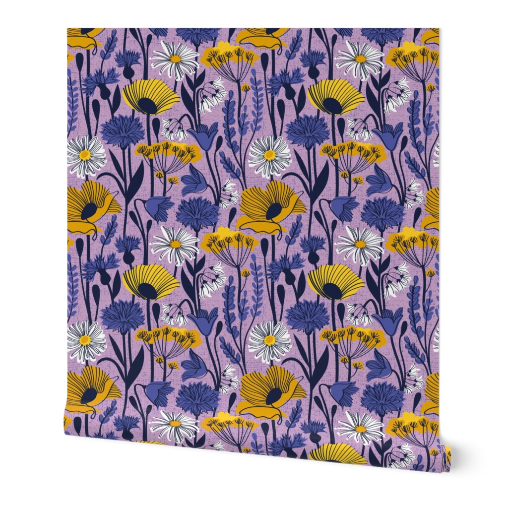 Tiny scale // Wild field // lilac background yellow poppies and fennel flowers white daisies blue cornflower bluebells and other wild flowers meadow plants oxford navy blue line contour