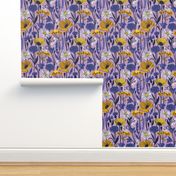 Tiny scale // Wild field // lilac background yellow poppies and fennel flowers white daisies blue cornflower bluebells and other wild flowers meadow plants oxford navy blue line contour