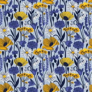 Tiny scale // Wild field // pastel blue background yellow poppies and fennel flowers white daisies blue cornflower bluebells and other wild flowers meadow plants oxford navy blue line contour