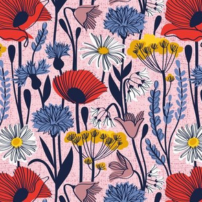Small scale // Wild field // pastel pink background neon red orange shade poppies white daisies denim blue cornflower pink bluebells yellow fennel flowers and other wild flowers meadow plants oxford navy blue line contour