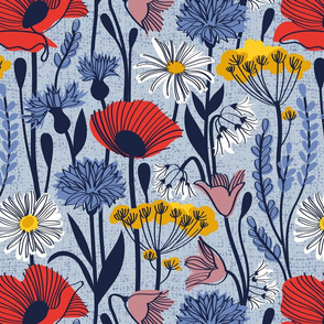 Normal scale // Wild field // pastel blue background neon red orange shade poppies white daisies denim blue cornflower pink bluebells yellow fennel flowers and other wild flowers meadow plants oxford navy blue line contour